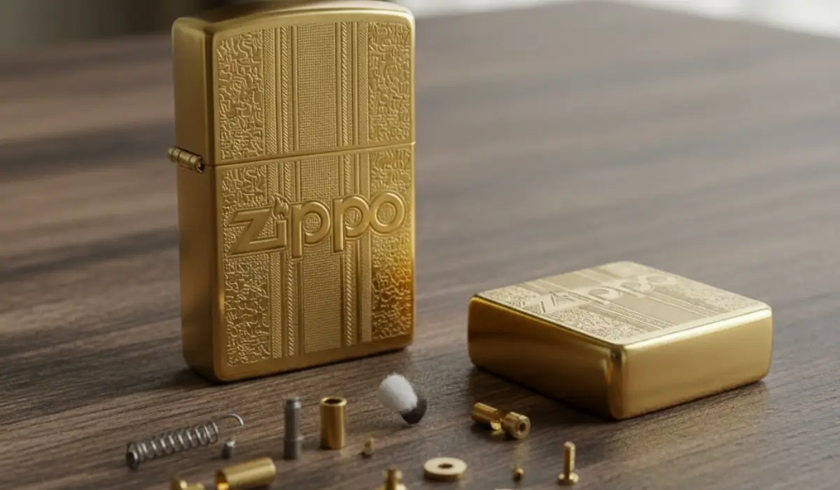 یک فندک زیپو طلایی در کنار قطعات خود برای مقاله چرا فندک زیپو گران است